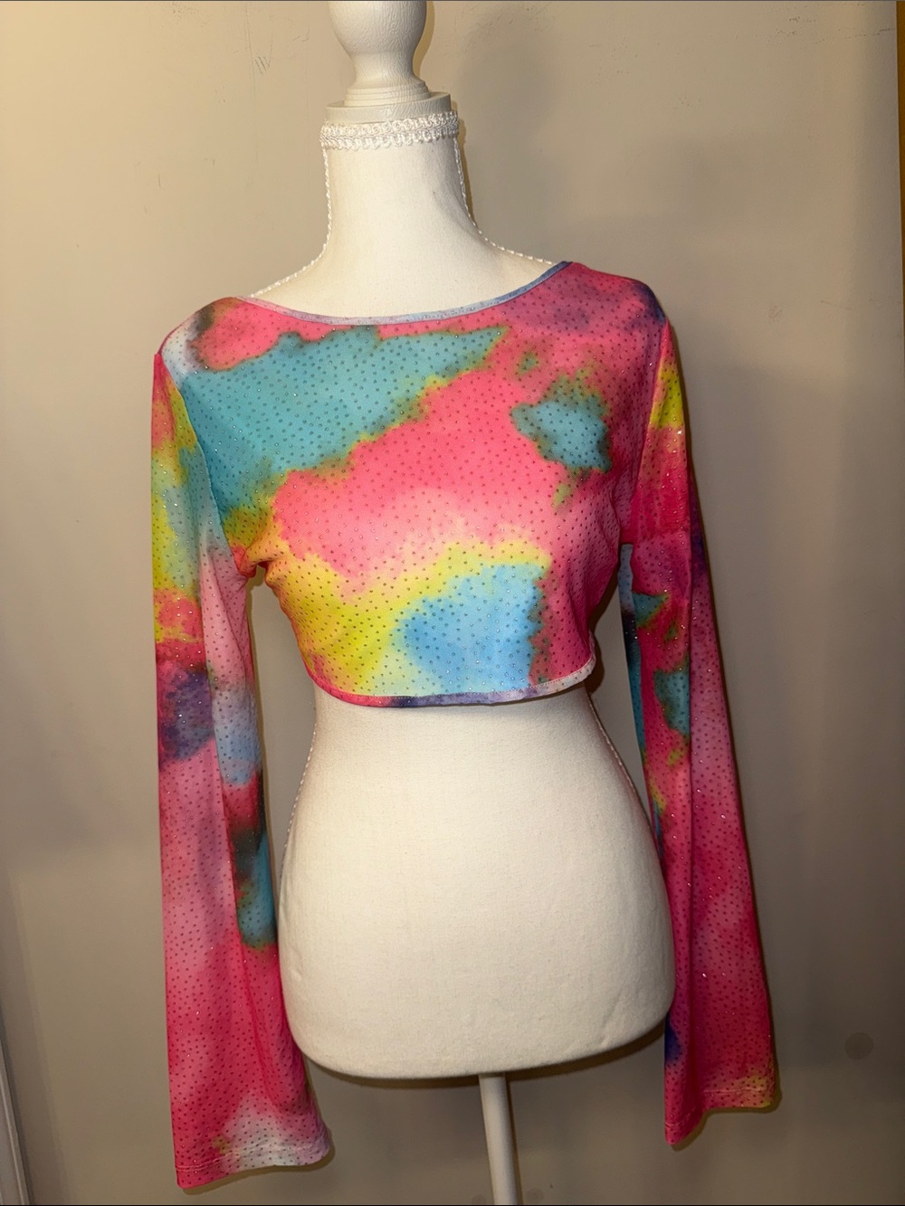 SHEIN Pink Multi Tie-Dye Crop Long Sleeve Top